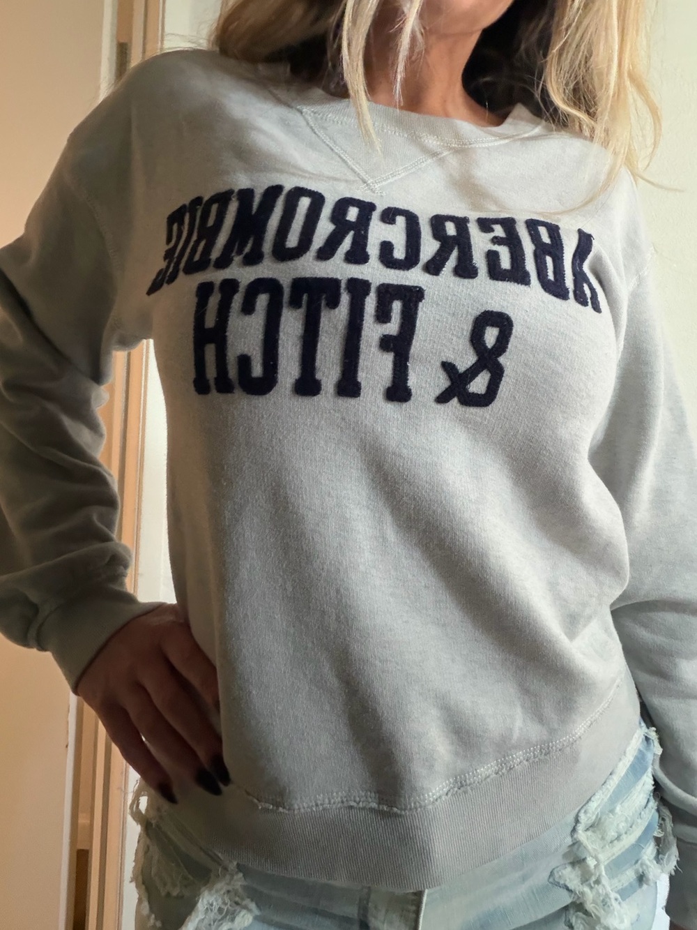 Abercrombie & Fitch Light Gray Crewneck Sweatshirt with Navy Logo